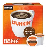 Box of Dunkin' Original Blend Medium Roast coffee pods compatible with Keurig, containing 88 K-Cup pods.