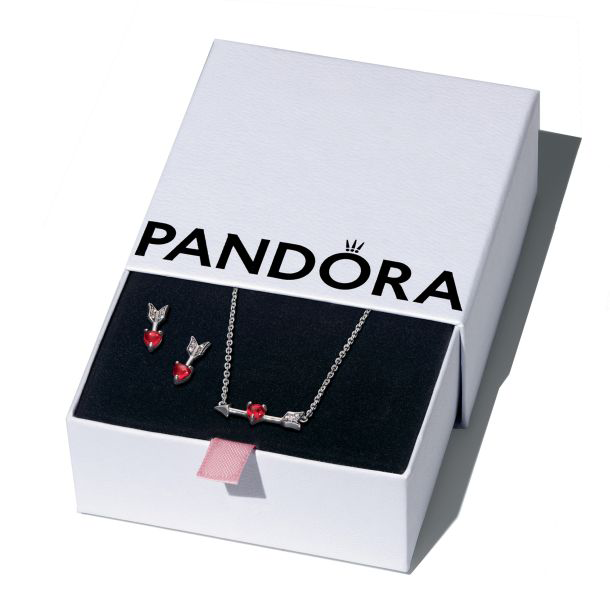 Pandora jewelry set featuring a necklace with a red heart and arrow design alongside matching red heart earrings, packaged in a branded box.