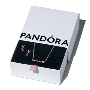 Pandora jewelry set featuring a necklace with a red heart and arrow design alongside matching red heart earrings, packaged in a branded box.