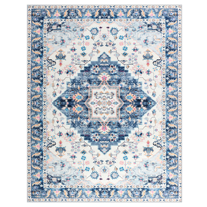 5' x 8' Shivank Area Rug features a detailed design with a central medallion and intricate floral and geometric patterns in blue and white tones, surrounded by ornate borders.