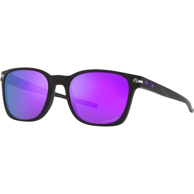 Black sunglasses with purple mirrored lenses, featuring a rectangular frame design and a small logo on the side.