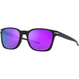 Black sunglasses with purple mirrored lenses, featuring a rectangular frame design and a small logo on the side.