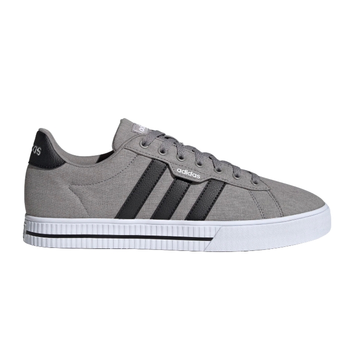 Adidas Daily 3.0 Shoes feature a gray fabric upper with black stripes and branding, a white ribbed midsole, and a low-top design with lace-up closure for casual style and comfort.