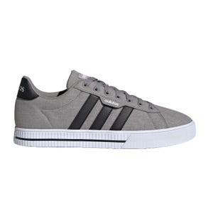 Adidas Daily 3.0 Shoes feature a gray fabric upper with black stripes and branding, a white ribbed midsole, and a low-top design with lace-up closure for casual style and comfort.