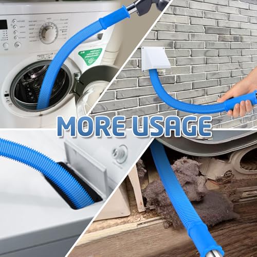 A flexible blue hose is shown being used for various household applications, such as connecting a washing machine, attaching to an exterior wall vent, and cleaning debris from an outdoor area.