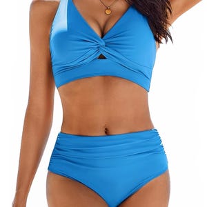A blue two-piece swimsuit featuring a twist-front top and high-waisted bottoms.