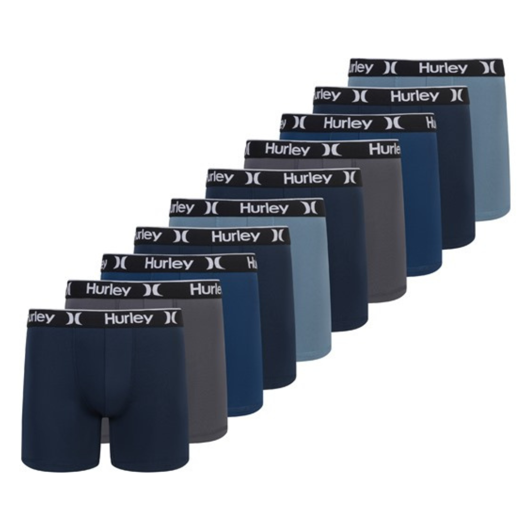 A set of nine Hurley men's boxer briefs in various shades of blue and gray, featuring a black waistband with the Hurley logo.
