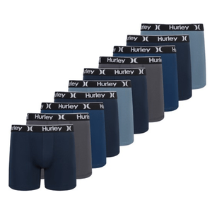 A set of nine Hurley men's boxer briefs in various shades of blue and gray, featuring a black waistband with the Hurley logo.