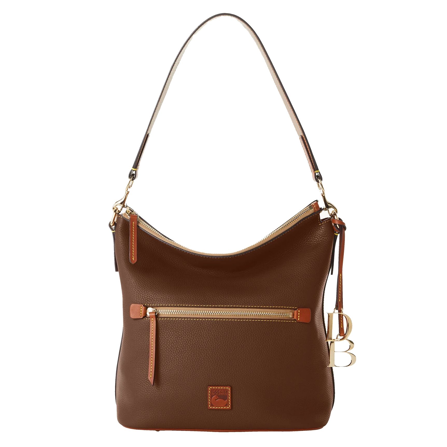 Brown shoulder bag with external zip pockets and gold-tone hardware.