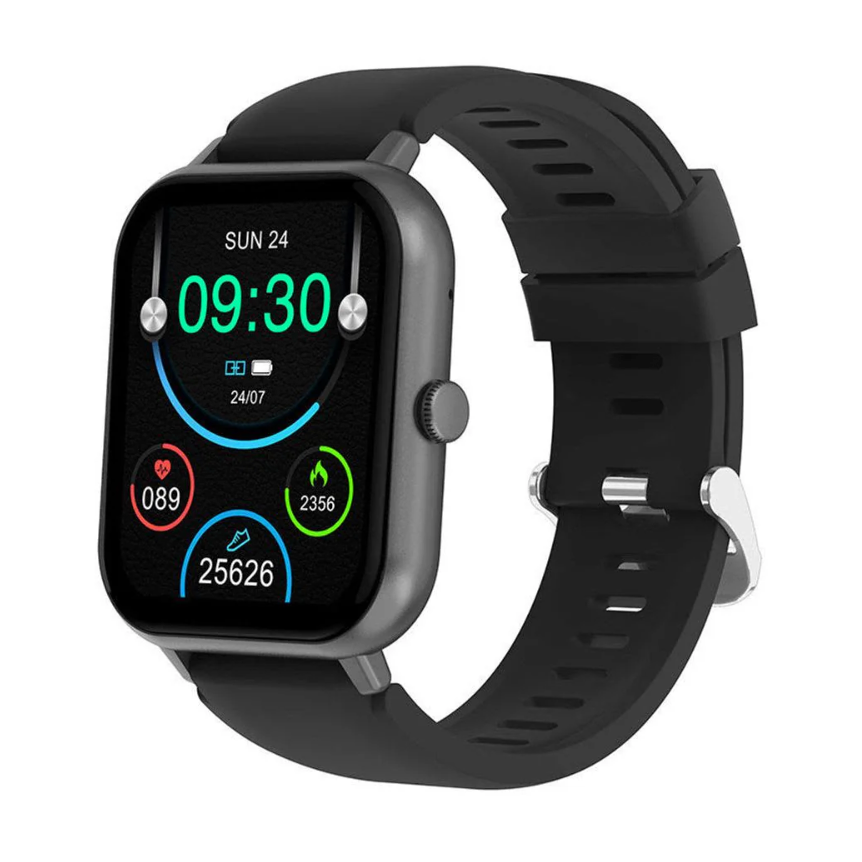 A black smartwatch with a rectangular display shows time, date, battery level, heart rate, calories burned, and step count.