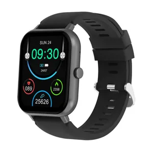 A black smartwatch with a rectangular display shows time, date, battery level, heart rate, calories burned, and step count.