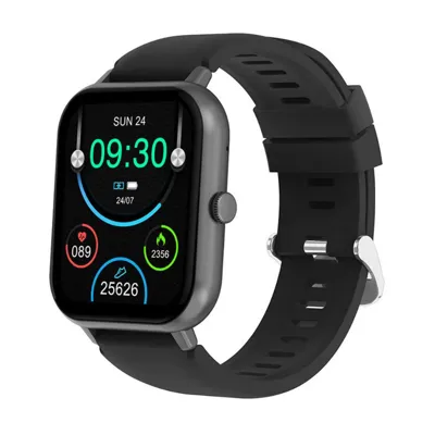 A black smartwatch with a rectangular display shows time, date, battery level, heart rate, calories burned, and step count.