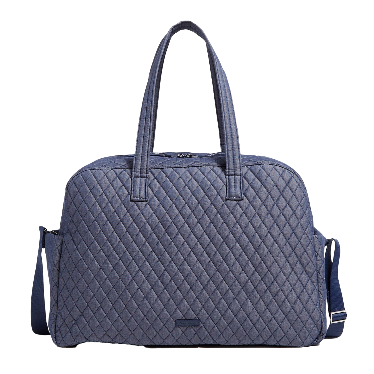 Quilted blue travel bag with dual handles and adjustable shoulder strap, featuring a spacious interior and structured design for convenient carrying.