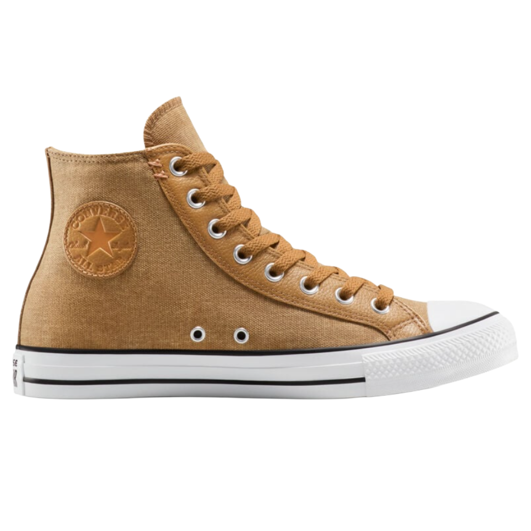 High-top sneaker with a tan canvas upper, white rubber toe cap, and sole, featuring the Converse All Star logo on the side.