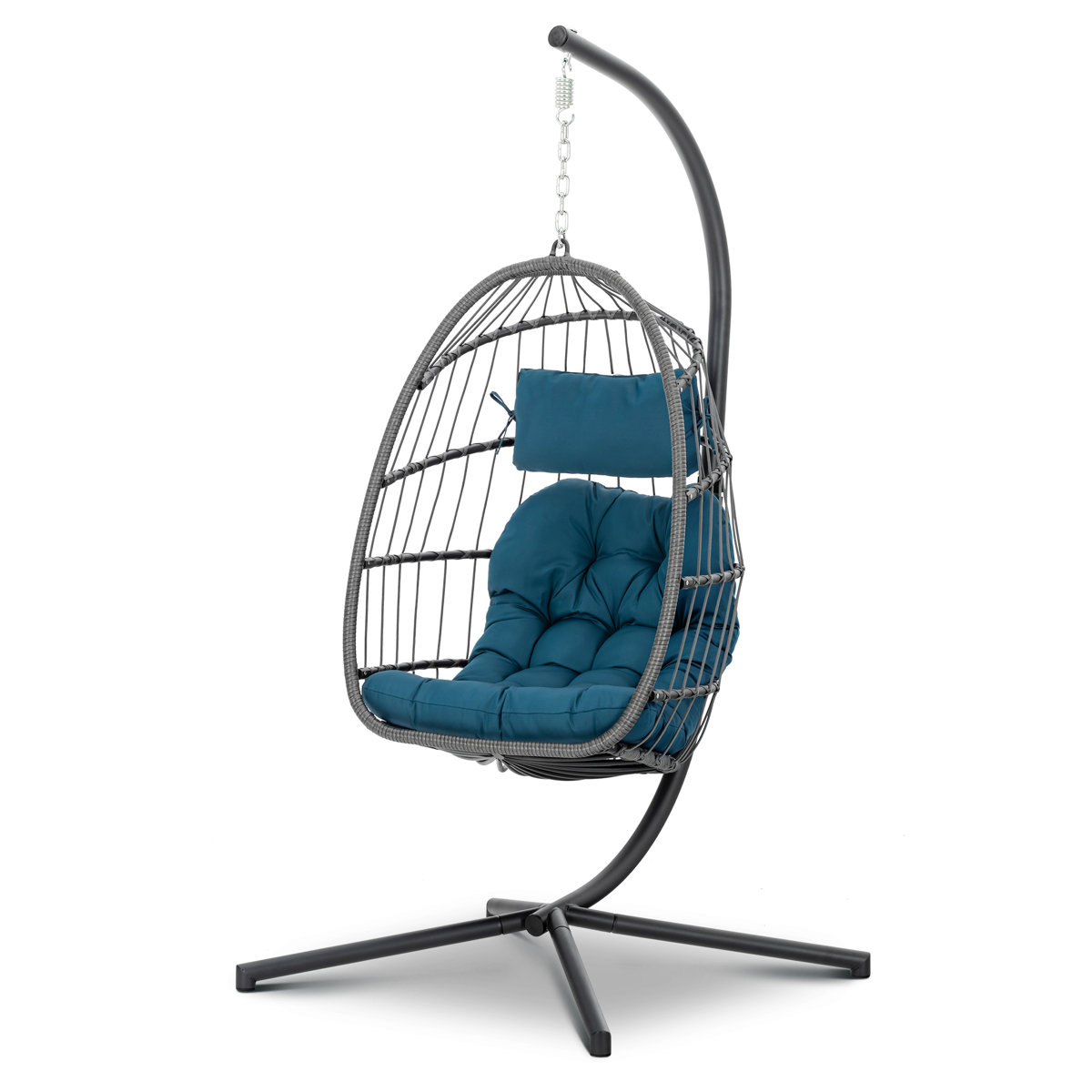 Hanging egg chair with a black metal stand, featuring a woven cage design and teal cushions, including a headrest pillow.