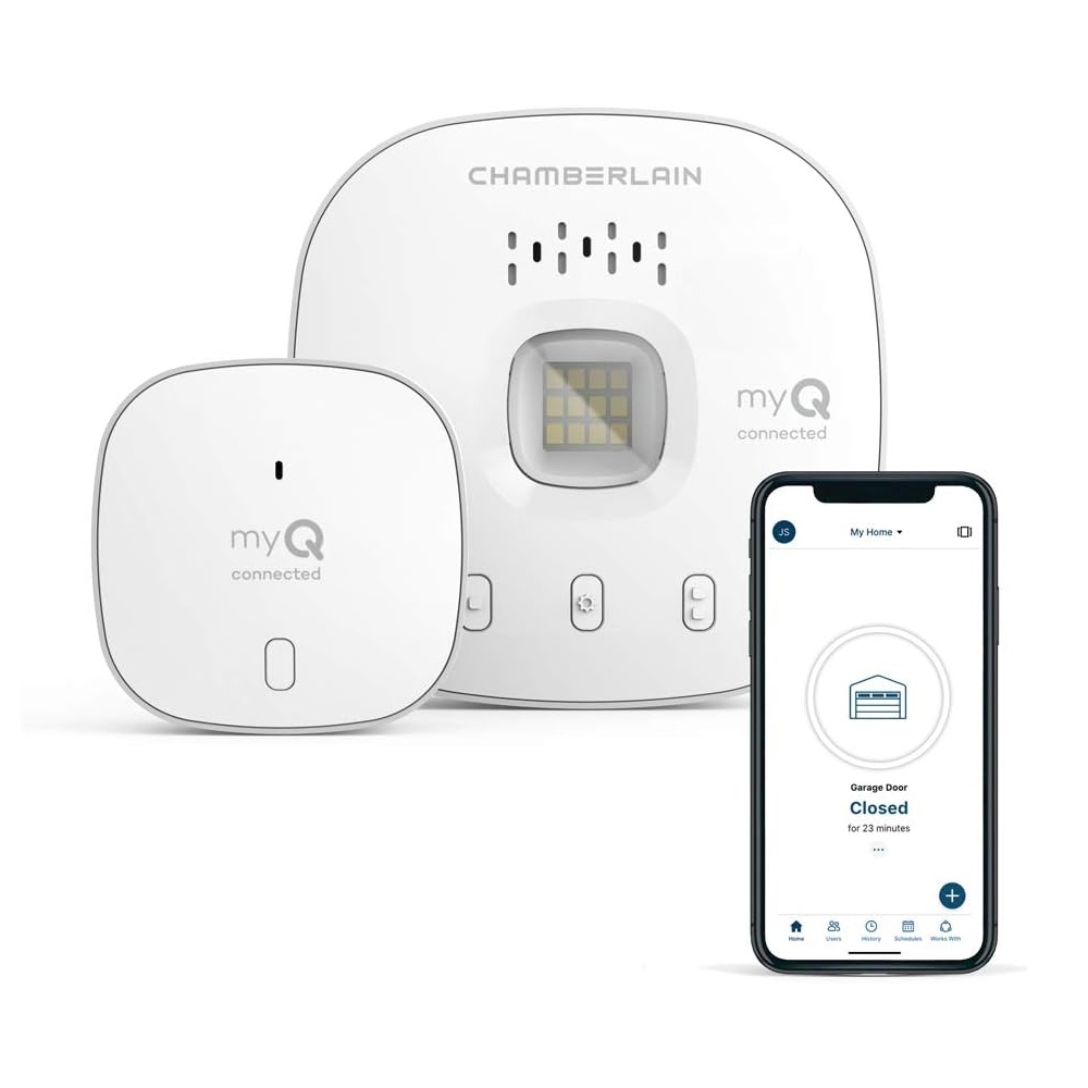Garage door opener with sensor and mobile app interface for remote access and control.