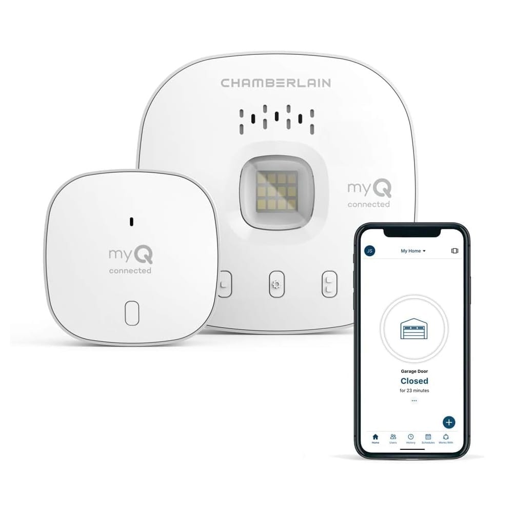 Garage door opener with sensor and mobile app interface for remote access and control.