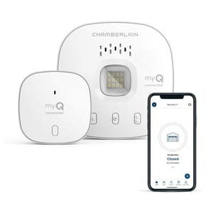 Garage door opener with sensor and mobile app interface for remote access and control.