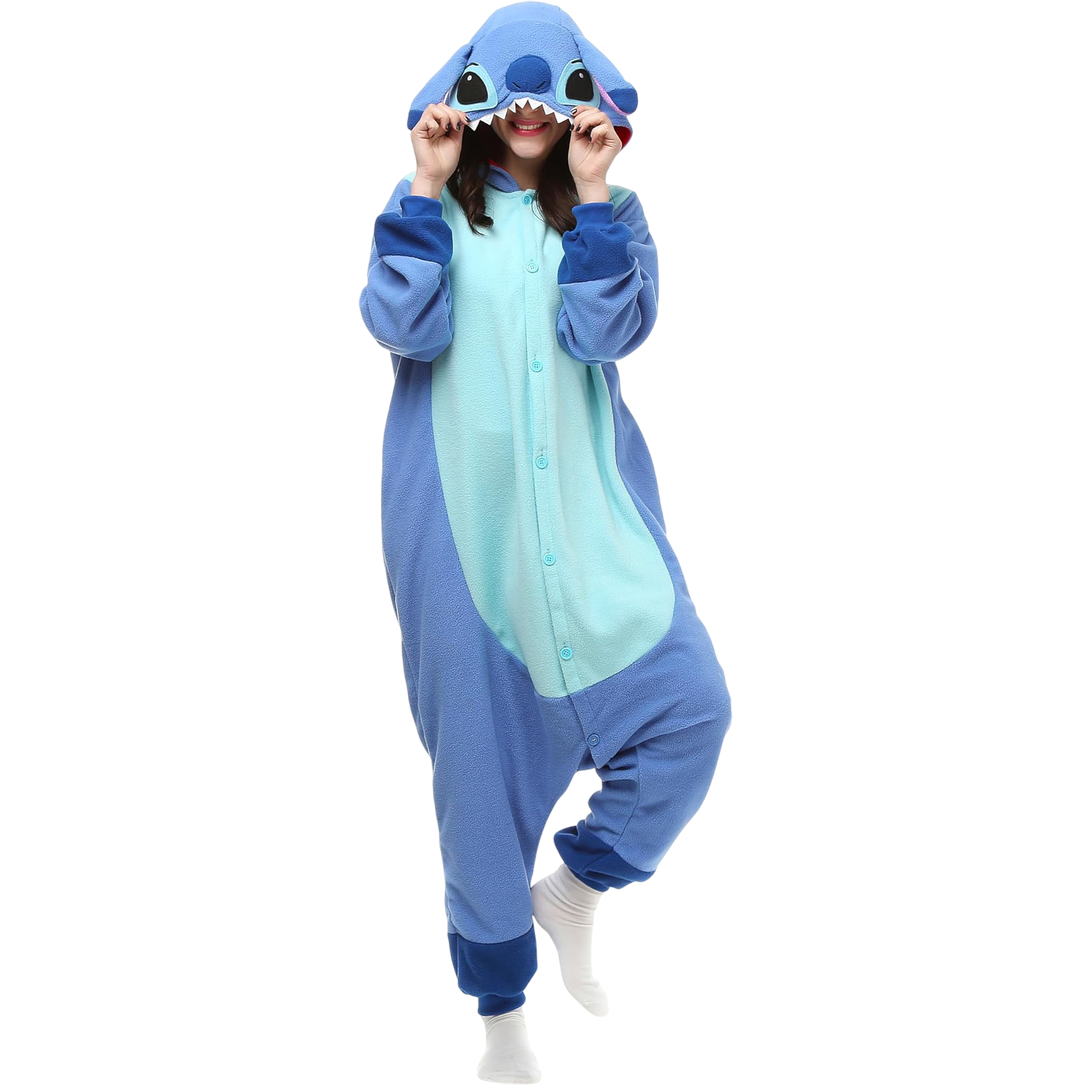 A person is wearing a blue and light blue onesie with a hood designed like Stitch from Disney's \“Lilo & Stitch.\“ The onesie has buttons and is made of a soft fleece fabric.