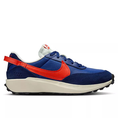 Blue and red Nike sneaker with a retro design, featuring a red Swoosh logo, blue upper, and white midsole.