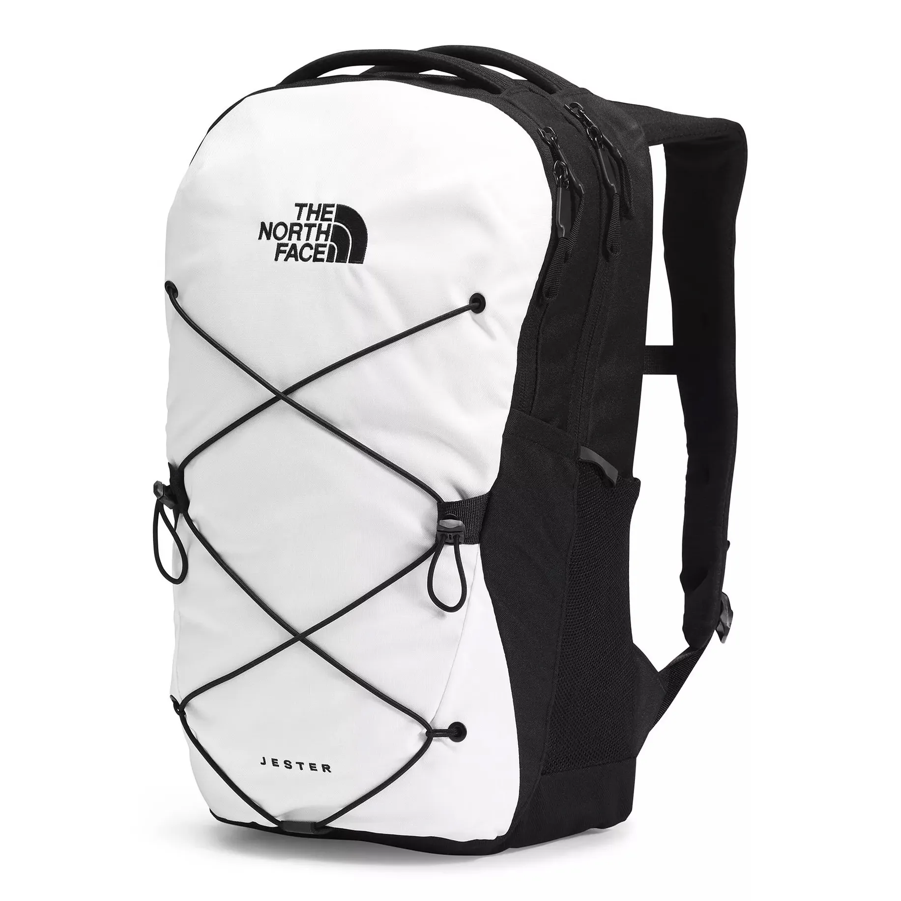 A black and white North Face Jester backpack with a front bungee cord system and dual side pockets, featuring a top handle and adjustable shoulder straps.