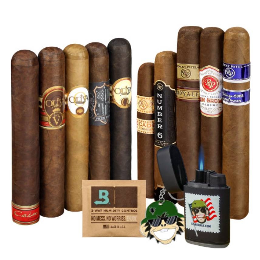 A selection of ten cigars with various band designs and colors, accompanied by a humidity control pack and a lighter featuring a baseball motif.