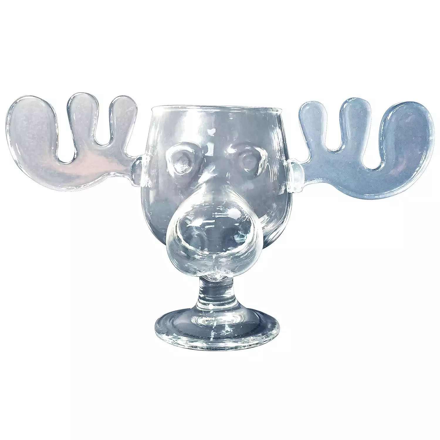 A clear glass cup shaped like a moose head with antlers as handles and a prominent nose, reminiscent of the iconic cup from the movie \“Christmas Vacation.\“
