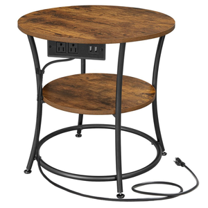 Round side table with a wooden top and shelf, featuring a black metal frame. Includes built-in power outlets and USB ports, with a visible power cord.