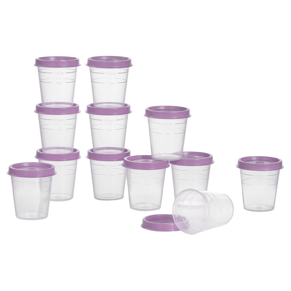 The 24pc Tupperware Minis Set includes small, clear plastic containers with purple lids, suitable for storing small quantities of food or liquids. They have volume markings on the side and are stackable for convenient storage.