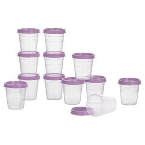 The 24pc Tupperware Minis Set includes small, clear plastic containers with purple lids, suitable for storing small quantities of food or liquids. They have volume markings on the side and are stackable for convenient storage.