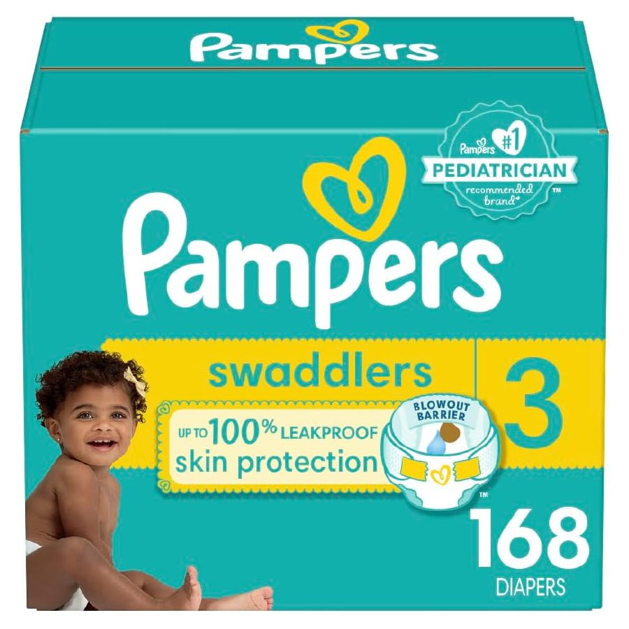 Pampers Swaddlers Baby Diapers, Size 3, 168 count, offer up to 100% leakproof skin protection with a blowout barrier. Recommended by pediatricians, the packaging features a smiling baby.