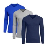 Three V-neck long-sleeve shirts in blue, gray, and navy colors are shown, with a ribbed texture and cuffed sleeves.