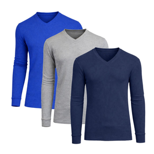Three V-neck long-sleeve shirts in blue, gray, and navy colors are shown, with a ribbed texture and cuffed sleeves.