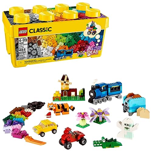 A LEGO Classic set featuring a variety of colorful bricks and pieces, along with examples of a house, ghost, truck, and other models that can be built.