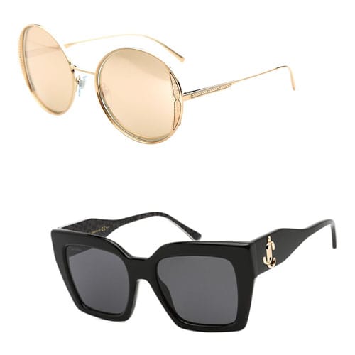 Two pairs of Bulgari sunglasses are displayed; one with oversized, light gold-toned round frames and intricate metalwork along the arms, the other with classic black, angular frames and a gold logo on the temples.