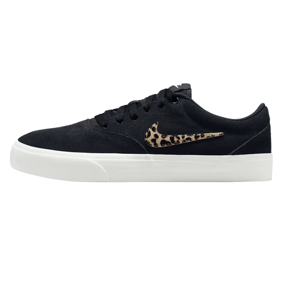 A black low-top sneaker with a white sole features a leopard-print Nike Swoosh design.
