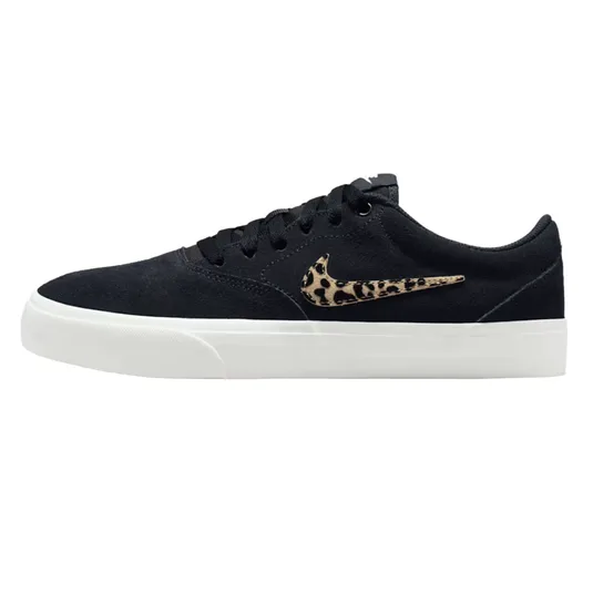 A black low-top sneaker with a white sole features a leopard-print Nike Swoosh design.