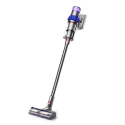 A cordless stick vacuum cleaner with a sleek design and a detachable dustbin, featuring a combination of metal and plastic components in purple, silver, and red accents.