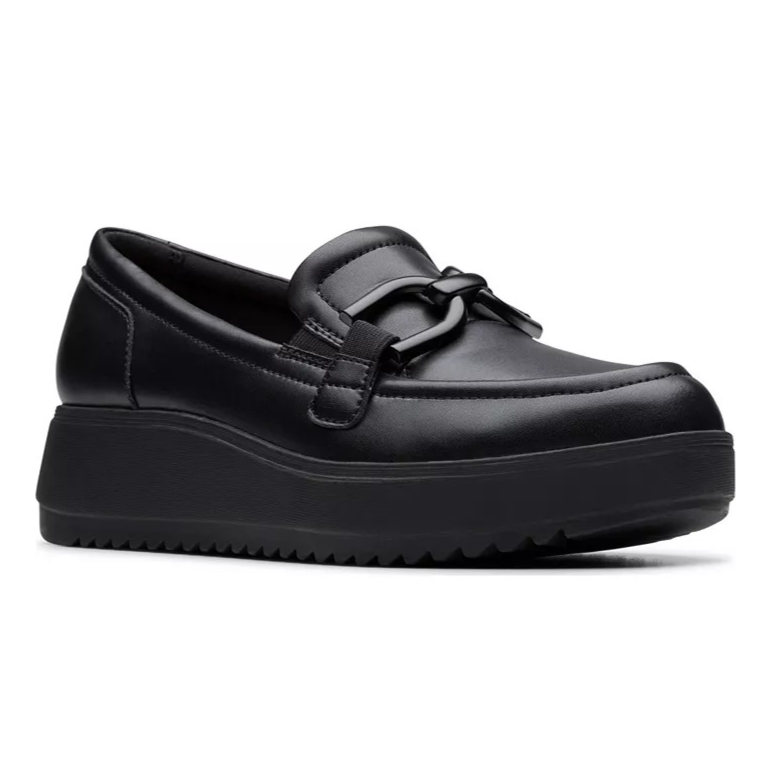 Black platform loafer with a thick sole and decorative strap detail on the upper.