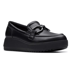 Black platform loafer with a thick sole and decorative strap detail on the upper.