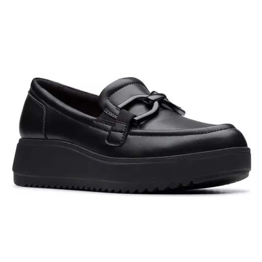 Black platform loafer with a thick sole and decorative strap detail on the upper.