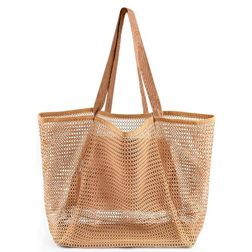 A beige mesh tote bag with an open design and two handles, suitable for shopping or beach use.