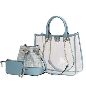 A stylish set featuring a clear tote bag with blue handles and gold chain details, accompanied by a blue and tweed drawstring bucket bag and a small zippered pouch.