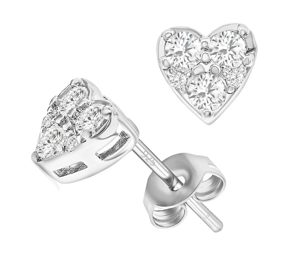 Heart-shaped stud earrings with multiple round clear gemstones set in silver, featuring a butterfly back closure.