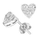 Heart-shaped stud earrings with multiple round clear gemstones set in silver, featuring a butterfly back closure.