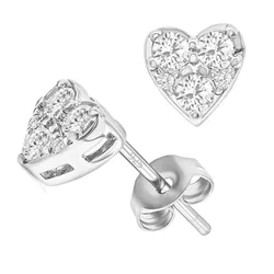Heart-shaped stud earrings with multiple round clear gemstones set in silver, featuring a butterfly back closure.