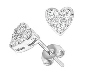 Heart-shaped stud earrings with multiple round clear gemstones set in silver, featuring a butterfly back closure.