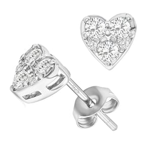 Heart-shaped stud earrings with multiple round clear gemstones set in silver, featuring a butterfly back closure.