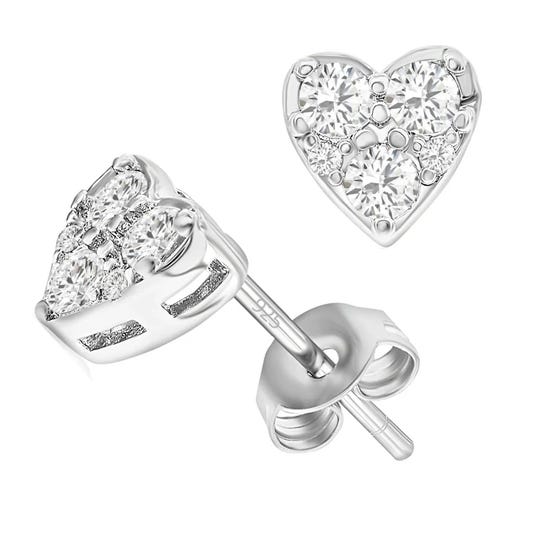 Heart-shaped stud earrings with multiple round clear gemstones set in silver, featuring a butterfly back closure.