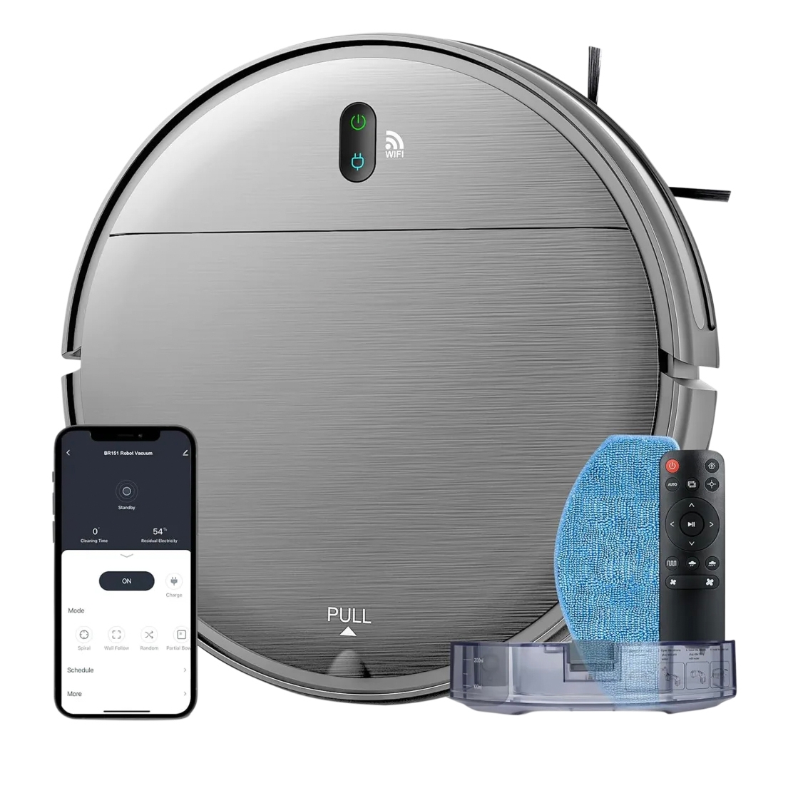 A robotic vacuum cleaner with WiFi capability is shown along with a mobile app interface, a remote control, and a blue cleaning pad.